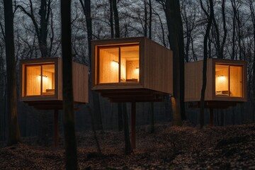 Poster - Three contemporary treehouses illuminated in the evening, casting a warm glow amidst a serene woodland, demonstrating modern simplicity and comfort in design.