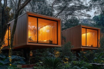 Two sleek, contemporary treehouses stand out amid a misty, lush forest. Highlighting elegant wooden structures blending modern architecture with natural beauty.