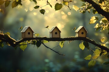 Poster - Picturesque birdhouses aligned on a mossy branch, delicately lit by the warm glow of light filtering through lush trees, evoking tranquility and peace in nature.