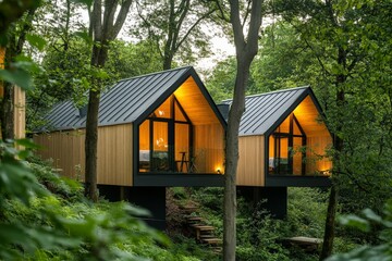 Poster - Two contemporary cabins with bright interiors contrast against the vibrant green forest setting, highlighting modern architecture amidst the natural environment.
