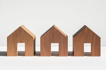 Leinwandbilder - Three wooden house-shaped blocks sit on a flat surface, casting dramatic shadows. This scene explores geometric simplicity and natural texture under direct light.