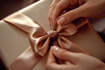 Wall Mural - Hands tying a ribbon bow on a gift, focusing on the art of gift-wrapping for the holiday season.