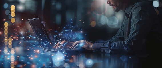 Aufkleber - Futuristic Digital Twin Technology Businessman in Office with Laptop and Network Connection