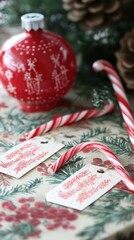 Wall Mural - Capture the winter spirit with closeup holiday gift tags and candy canes on decorative background