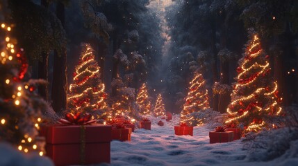 Wall Mural - Illuminated Christmas trees draped with red and golden garlands in a snowy forest, surrounded by festive red gift boxes.