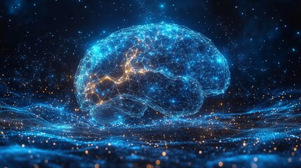 Aufkleber - Human brain silhouette with network-like nodes glowing against a dark background