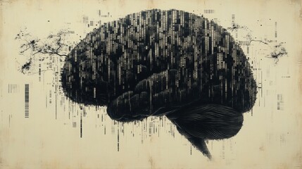 Poster - A digital brain silhouette filled with barcodes illustrating technology and data connections