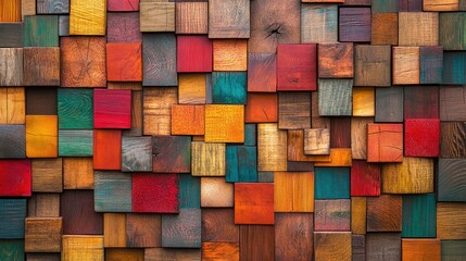 Poster - Multicolored wooden blocks forming a mosaic pattern, providing a textured and vibrant visual background