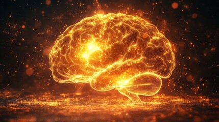 Poster - A glowing brain silhouette formed by radiant light beams in a dark background