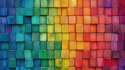 Poster - Stack of rainbow-colored wooden blocks in neat rows, creating an eye-catching and cheerful background