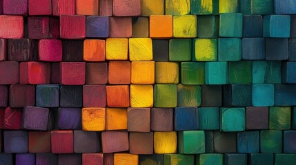 Poster - Stack of rainbow-colored wooden blocks in neat rows, creating an eye-catching and cheerful background