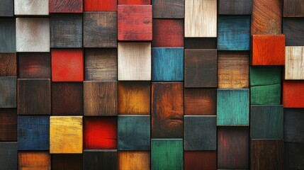 Poster - Wooden blocks of various colors stacked in a symmetrical design, creating a balanced yet vibrant background