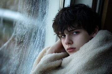 Poster - A boy leans by a window covered in intricate ice patterns, resting comfortably wrapped in a soft blanket, exuding a peaceful, reflective atmosphere.