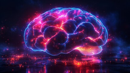 Poster - A glowing silhouette of a brain filled with holographic patterns in a dark cosmic background