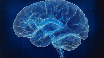Poster - A glowing brain silhouette illustrated with white lines on a deep blue background