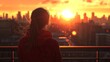 © thongsook - Rear view of a young woman standing on a city bridge, looking out over the urban skyline during sunset, her hair blowing in the breeze as she contemplates the scenery