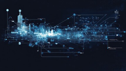 Abstract digital network with lines, dots, and symbols on a dark blue background.