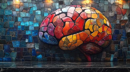 Poster - Colorful mosaic brain mural displayed on a vibrant wall in a creative workspace