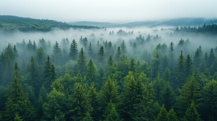 explore the enchanting misty green forest canopy from above, where natures beauty thrives on a foggy