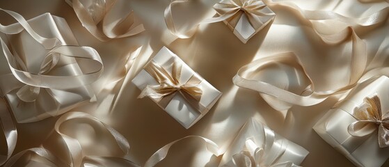 Wall Mural - Delightful festive ribbons and wrapped gifts dazzle on a neutral background