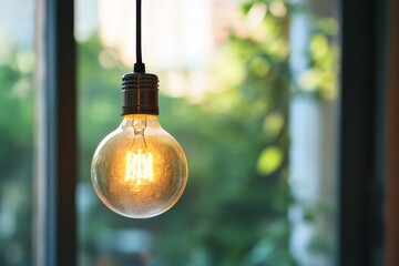 A single warm glowing light bulb hangs in front of a softly focused bright window, juxtaposing artificial light against the natural green outdoors, capturing innovation.