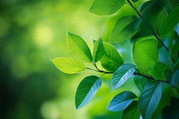 Poster - A close-up image of fresh, vibrant green leaves basking in sunlight, capturing the essence of life and renewal in nature with a vivid background of blurred green hues.