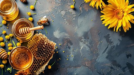 Aufkleber - This Golden honey jars, honeycomb, and sunflowers arranged beautifully on a rustic surface.