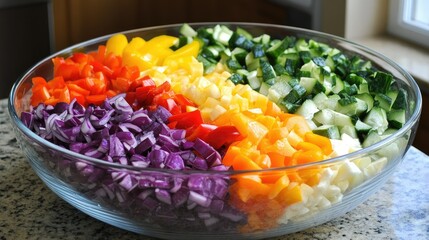 Poster - A colorful array of vegetables in a glass bowl, showcasing a nutritious rainbow salad that appeals to health-conscious eaters.
