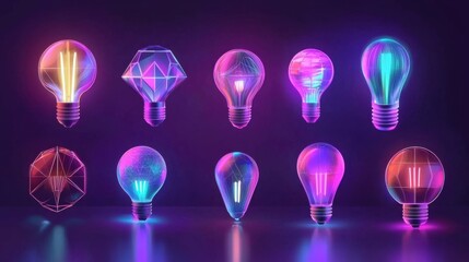 Poster - Colorful Neon Light Bulb Designs on Dark Background