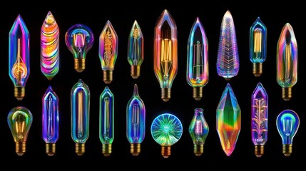 Poster - Colorful Vintage Light Bulbs on Black Background