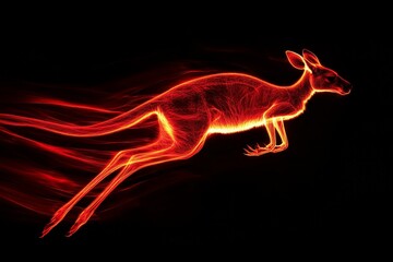 Fototapete - A striking image of a neon-enhanced kangaroo gracefully sprinting across a black backdrop, exhibiting explosive energy and artistic expression through vivid light trails.