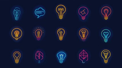 Poster - Colorful Neon Light Bulb Icons on Dark Background