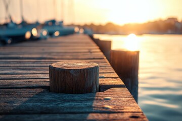 Aufkleber - Warm sunlight reflects on the calm water as it gently laps against a wooden pier, creating a serene and peaceful atmosphere at sunset by the harbor.