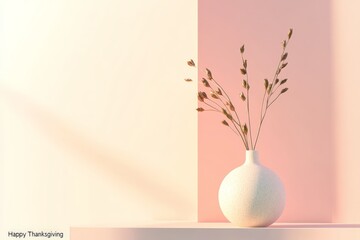 Poster - A simple white vase sits gracefully on a table against a soft pink and cream background, holding delicate dried flowers, capturing a minimalist aesthetic and tranquility.
