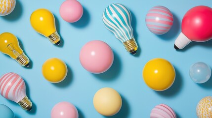 Poster - Colorful Light Bulbs and Balls on Blue Background