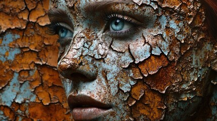 Poster - Close-up of woman face with corroded textures, blending of skin and rusty metal, surreal and haunting effect