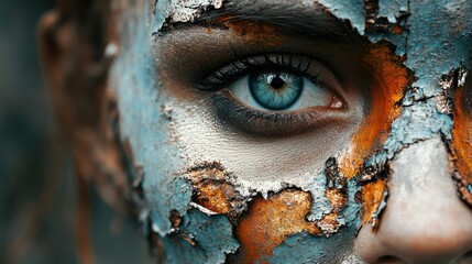 Poster - Close-up of woman face with corroded textures, blending of skin and rusty metal, surreal and haunting effect