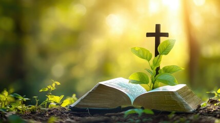 Poster - Holy Bible open with a green plant and cross emerging, symbol of faith and nature, bright background