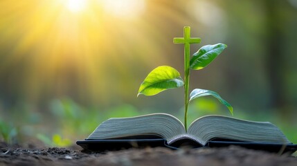 Poster - Holy Bible open with a green plant and cross emerging, symbol of faith and nature, bright background