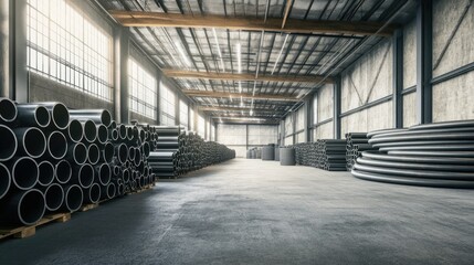 Aufkleber - Industrial setting with stacked steel pipes, high ceiling warehouse and concrete flooring