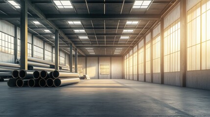 Aufkleber - Industrial setting with stacked steel pipes, high ceiling warehouse and concrete flooring