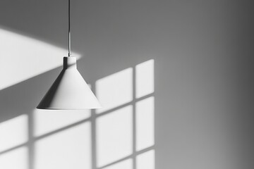 Poster - A cone-shaped lamp hangs in solitude, with sharp shadows forming geometric patterns on the wall, creating a contrast between light and modern design.