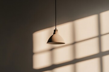 Poster - A stylish hanging lamp is centered with light and shadow patterns from a window on the wall, offering a blend of modern design and warm atmospheric aesthetics.