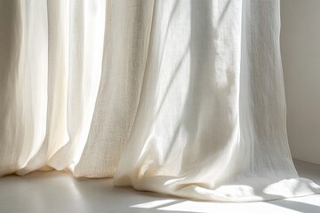 Aufkleber - Delicate white curtains gently hang, illuminated by the sunlight flooding through a window, casting soft shadows and creating an ethereal, peaceful ambiance.