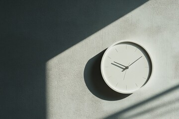 Poster - A modern minimalist wall clock, elegantly designed with a clean white face, sits on a wall softly illuminated by natural light casting gentle shadows.