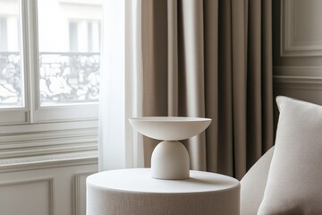 Poster - A sleek ceramic vase with a wide, shallow bowl top stands on a round table, captured in an elegant modern setting by a curtained window with neutral tones throughout.