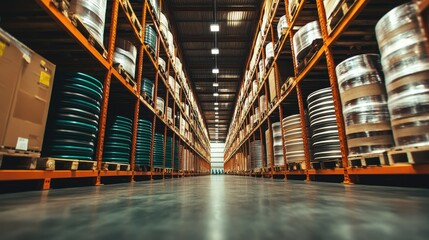 Poster - Rows of steel pipes in warehouse, organized and aligned, showing industrial storage and supply chain
