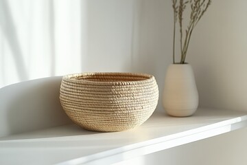 Aufkleber - A low, woven bowl rests on a bright, minimalist shelf, epitomizing simple elegance and modern decor style within a light-filled living space.
