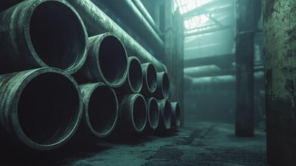 Poster - Stacked steel pipes in a large, dimly lit warehouse, industrial and manufacturing atmosphere