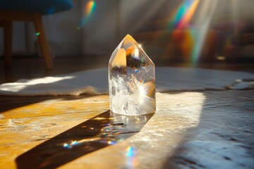 Poster - Sunlight filters through a translucent crystal piece placed on the wooden floor, creating mesmerizing prism reflections and enhancing the room's natural ambiance.